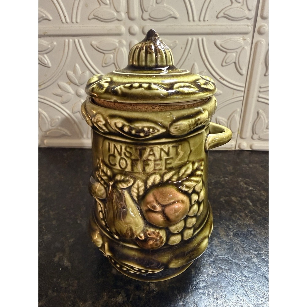 VTG 50s MCM Ceramic Instant Coffee Canister w/Lid Green Embossed Fruit Veggies